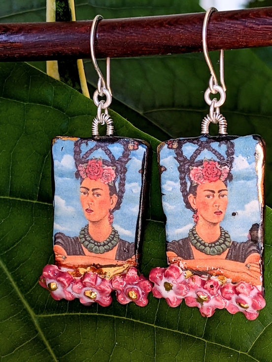 Artisan Jewelry - Rare Frida Khalo Earrings Artisan Ceramic Jewelry Sterling Silver